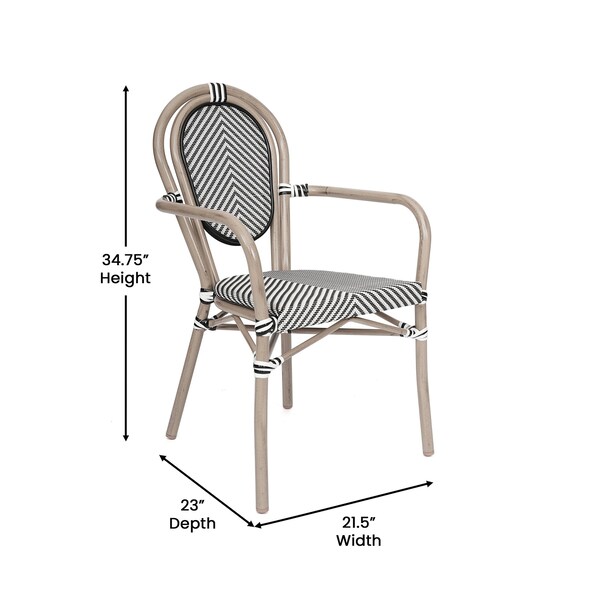 Flash Furniture Marseille Thonet French Bistro Stack Chair w/Arms, Black/White Textilene/Bamboo Alum Frame, 4PK - 4-SDA-AD642002A-TXT-BLKWH-LTNAT-GG