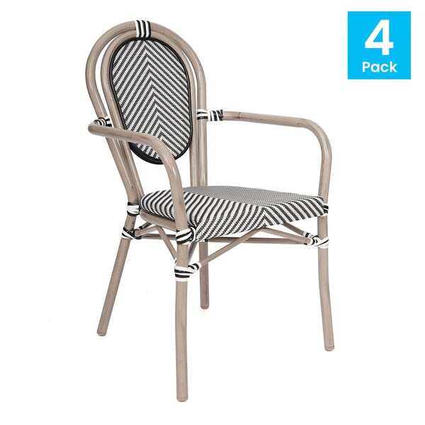 Flash Furniture Marseille Thonet French Bistro Stack Chair w/Arms, Black/White Textilene/Bamboo Alum Frame, 4PK - 4-SDA-AD642002A-TXT-BLKWH-LTNAT-GG