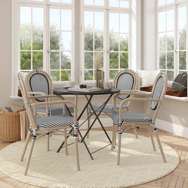 Flash Furniture Marseille Thonet French Bistro Stack Chair w/Arms, Black/White Textilene/Bamboo Alum Frame, 4PK - 4-SDA-AD642002A-TXT-BLKWH-LTNAT-GG