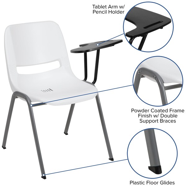 Flash Furniture White Ergonomic Shell Chair with Left Handed Flip-Up Tablet Arm, PK5 - 5-RUT-EO1-WH-LTAB-GG