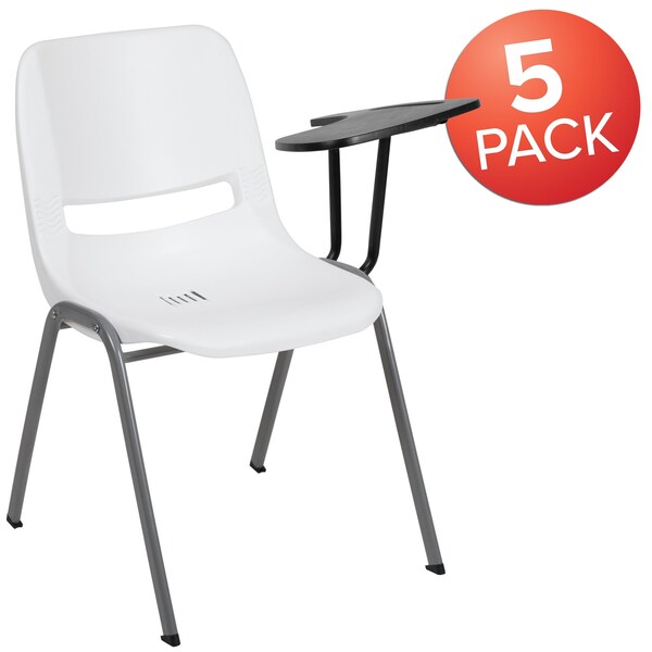 Flash Furniture White Ergonomic Shell Chair with Left Handed Flip-Up Tablet Arm, PK5 - 5-RUT-EO1-WH-LTAB-GG