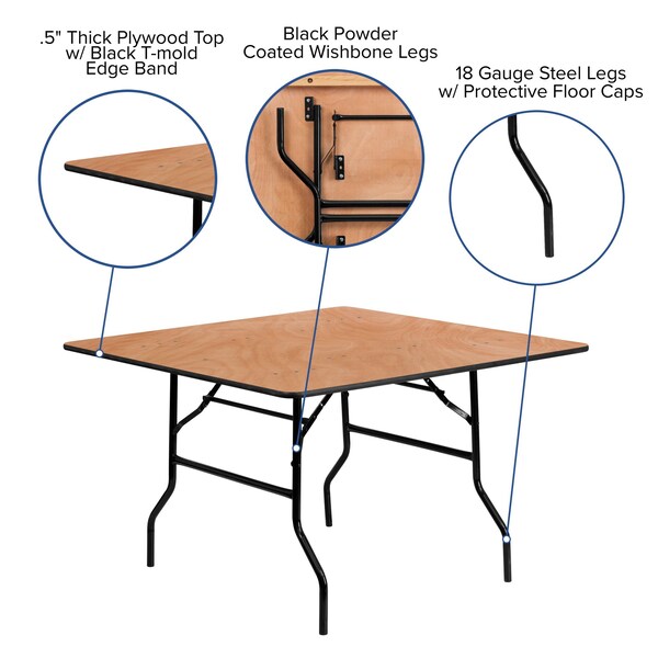 Flash Furniture Square Folding Table, 48" W, 48" L, 30.125" H, Wood Top, Wood Grain - YT-WFFT48-SQ-GG