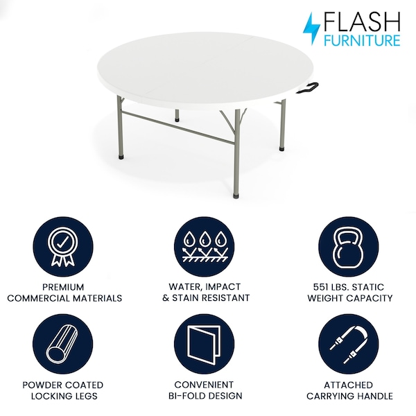 Flash Furniture Round Folding Table, 60.5" W, 60.5" L, 29.5" H, Plastic Top, White - DAD-154Z-GG