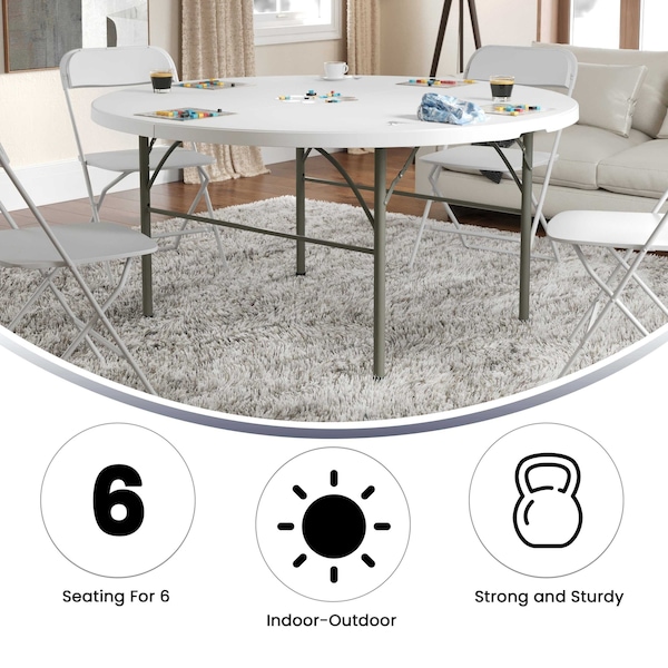Flash Furniture Round Folding Table, 60.5" W, 60.5" L, 29.5" H, Plastic Top, White - DAD-154Z-GG