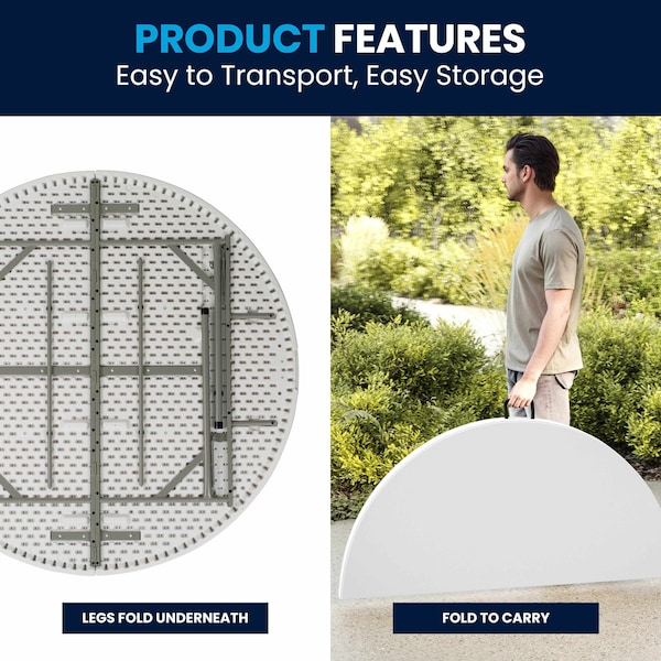 Flash Furniture Round Folding Table, 60.5" W, 60.5" L, 29.5" H, Plastic Top, White - DAD-154Z-GG