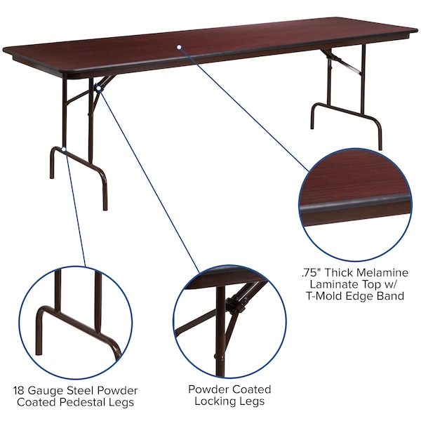 Flash Furniture Rectangle Folding Table, 30" W, 96" L, 30" H, Laminate Top, Wood Grain - YT-3096-MEL-WAL-GG