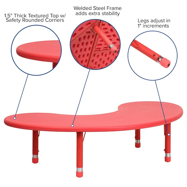 Flash Furniture Kidney Activity Table, 35 W, 65 L, 23.75 H, Plastic, Steel, Red - YU-YCX-004-2-MOON-TBL-RED-GG