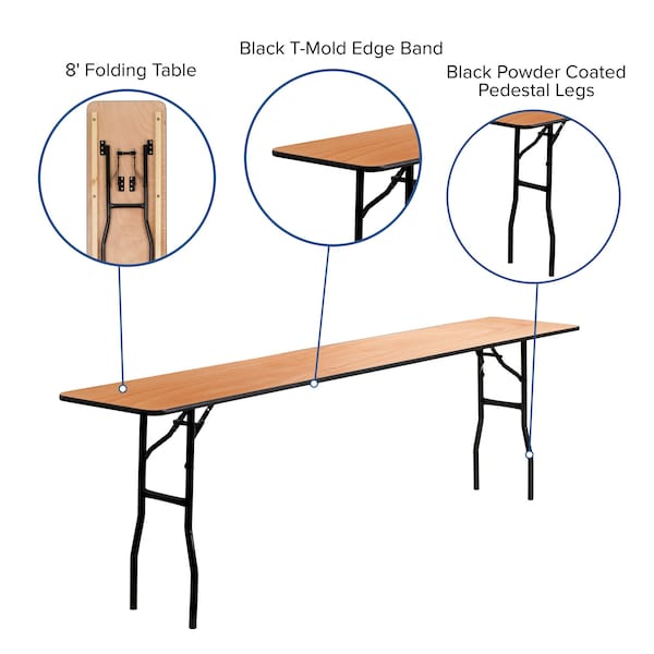 Flash Furniture Rectangle Training Table, 18" W, 96" L, 30.25" H, Wood Top, Wood Grain - YT-WTFT18X96-TBL-GG