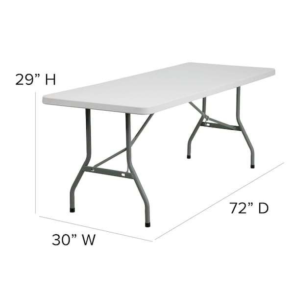 Flash Furniture Rectangle Folding Table, 30" W, 72" L, 29" H, Plastic Top, White - RB-3072-GG
