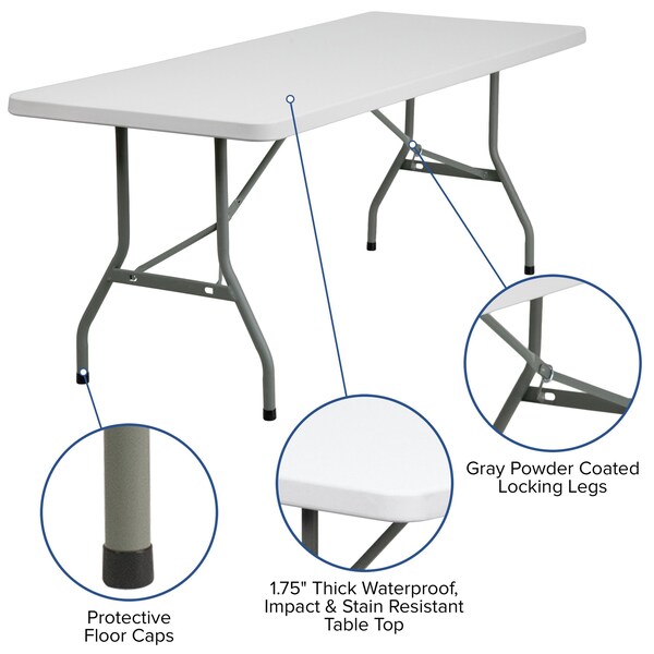 Flash Furniture Rectangle Folding Table, 30" W, 72" L, 29" H, Plastic Top, White - RB-3072-GG