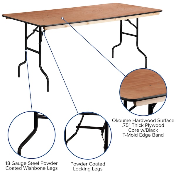 Flash Furniture Rectangle Folding Table, 36" W, 72" L, 30" H, Wood Top, Wood Grain - XA-3672-P-GG