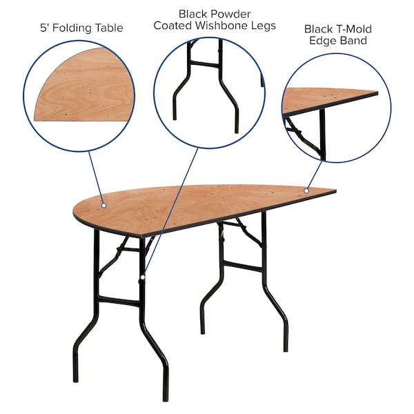 Flash Furniture Half Round Folding Table, 60" W, 30" L, 30.25" H, Wood Top, Wood Grain - YT-WHRFT60-HF-GG