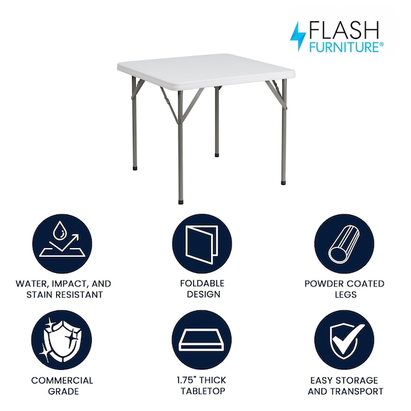 Flash Furniture Square Wh 34Sq Plastic Fold Table, 34.25" W, 34.25" L, 29.5" H, Plastic Top, White - DAD-YCZ-86-GG
