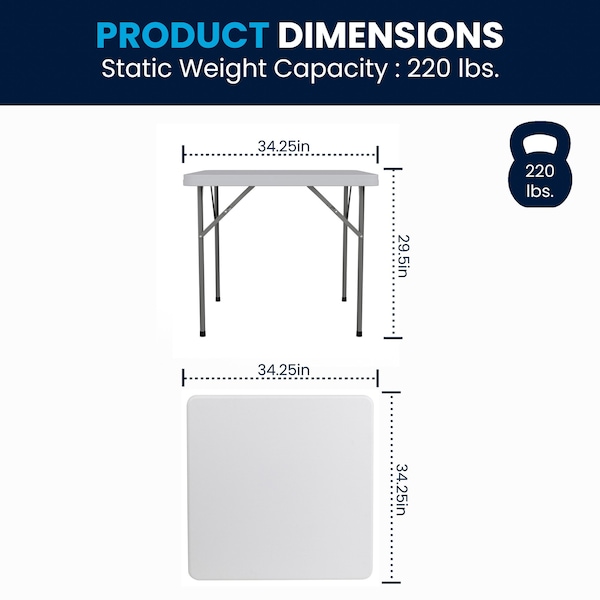 Flash Furniture Square Wh 34Sq Plastic Fold Table, 34.25" W, 34.25" L, 29.5" H, Plastic Top, White - DAD-YCZ-86-GG