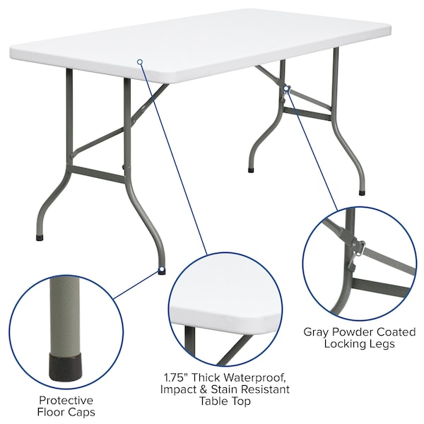 Flash Furniture Rectangle Wh 30X60 Plastic Fold Table, 30" W, 60" L, 29" H, Plastic Top, White - DAD-YCZ-152-GG