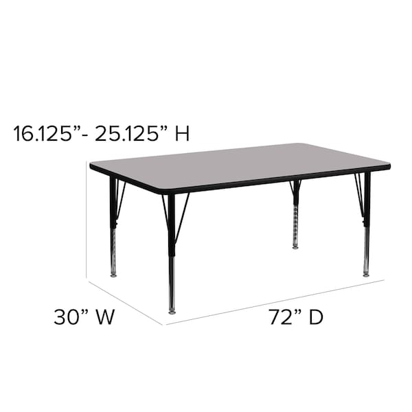 Flash Furniture Rectangle Activity Table, 30 W, 72 L, 25.125 H, Chrome, Laminate, Particleboard, Steel, Grey - XU-A3072-REC-GY-T-P-GG