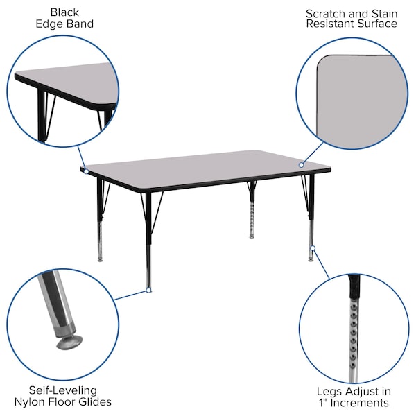 Flash Furniture Rectangle Activity Table, 30 W, 72 L, 25.125 H, Chrome, Laminate, Particleboard, Steel, Grey - XU-A3072-REC-GY-T-P-GG