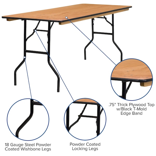 Flash Furniture Rectangle Folding Table, 30" W, 72" L, 30.25" H, Wood Top, Wood Grain - YT-WTFT30X72-TBL-GG