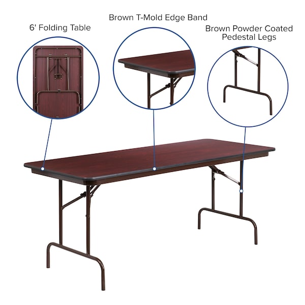 Flash Furniture Rectangle Folding Table, 30" W, 72" L, 30" H, Laminate Top, Wood Grain - YT-3072-MEL-WAL-GG