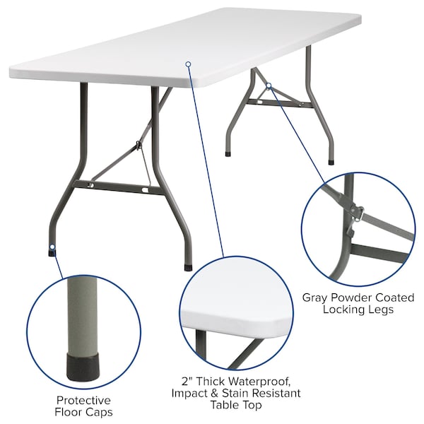 Flash Furniture Rectangle Folding Table, 30" W, 96" L, 29" H, Plastic Top, White - RB-3096-GG