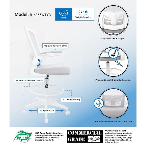 Boss Office Products Drafting Chair, White Frame, Gray Mesh and Fabric with Flip Arms - B1676WT-GY