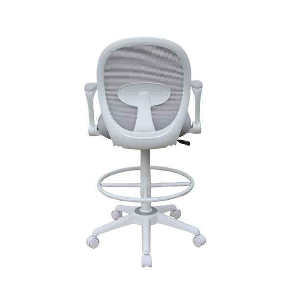 Boss Office Products Drafting Chair, White Frame, Gray Mesh and Fabric with Flip Arms - B1676WT-GY