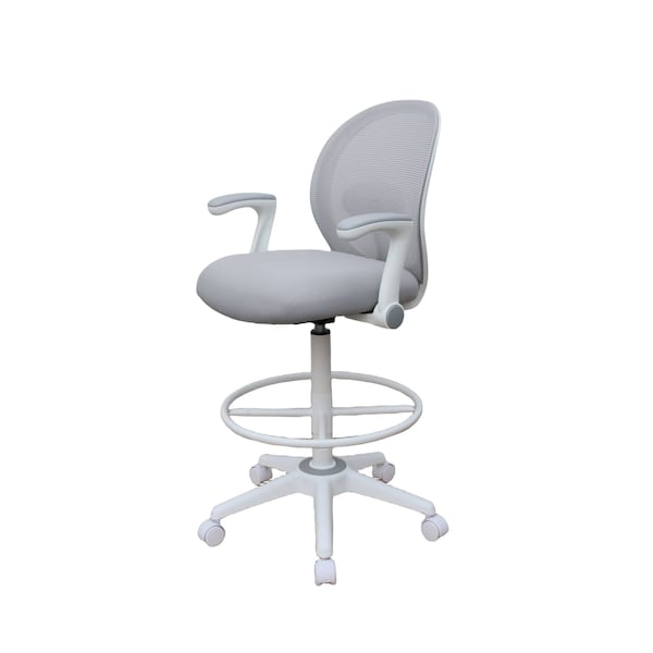 Boss Office Products Drafting Chair, White Frame, Gray Mesh and Fabric with Flip Arms - B1676WT-GY