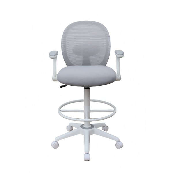 Boss Office Products Drafting Chair, White Frame, Gray Mesh and Fabric with Flip Arms - B1676WT-GY
