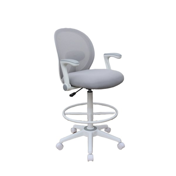Boss Office Products Drafting Chair, White Frame, Gray Mesh and Fabric with Flip Arms - B1676WT-GY