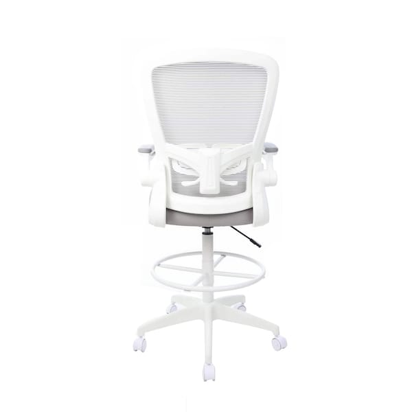 Boss Office Products Drafting Chair, White Frame, Gray Mesh and Fabric with Flip Arms - B1676WT-GY