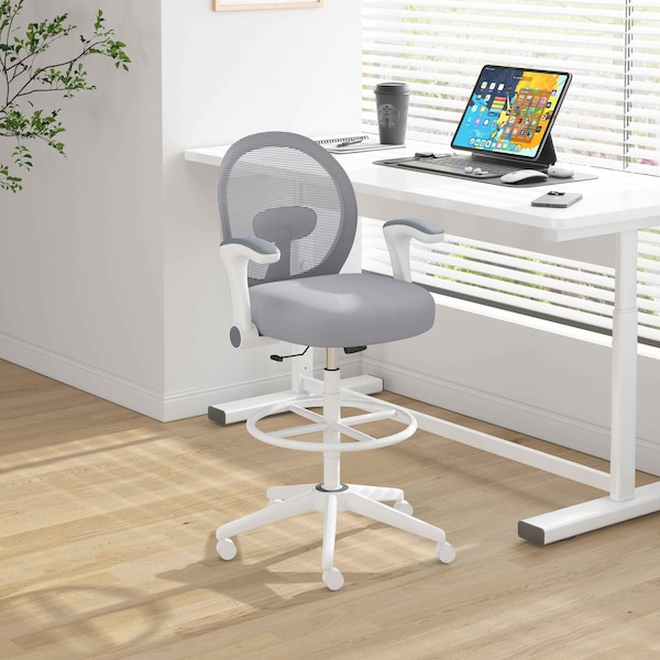 Boss Office Products Drafting Chair, White Frame, Gray Mesh and Fabric with Flip Arms - B1676WT-GY