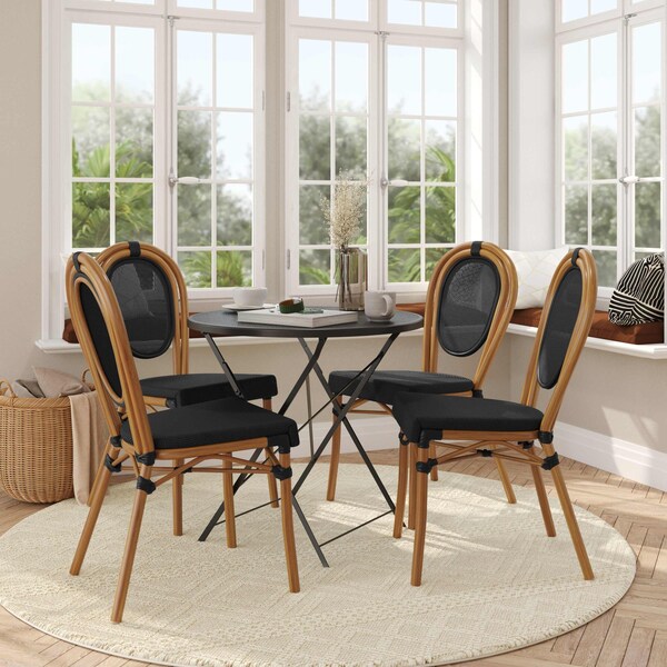 Flash Furniture Marseille Thonet French Bistro Stacking Chair, Black Textilene and Bamboo Print Aluminum Frame, 4PK - 4-SDA-AD642002S-TXT-BK-NAT-GG
