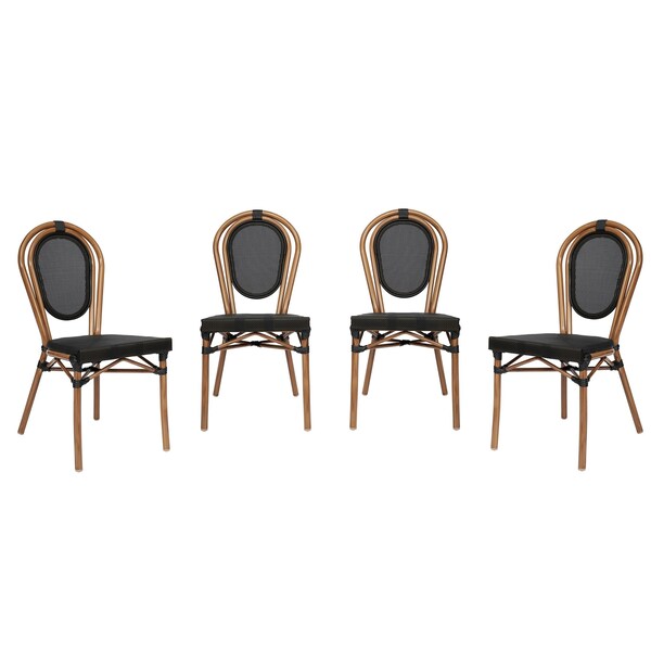 Flash Furniture Marseille Thonet French Bistro Stacking Chair, Black Textilene and Bamboo Print Aluminum Frame, 4PK - 4-SDA-AD642002S-TXT-BK-NAT-GG