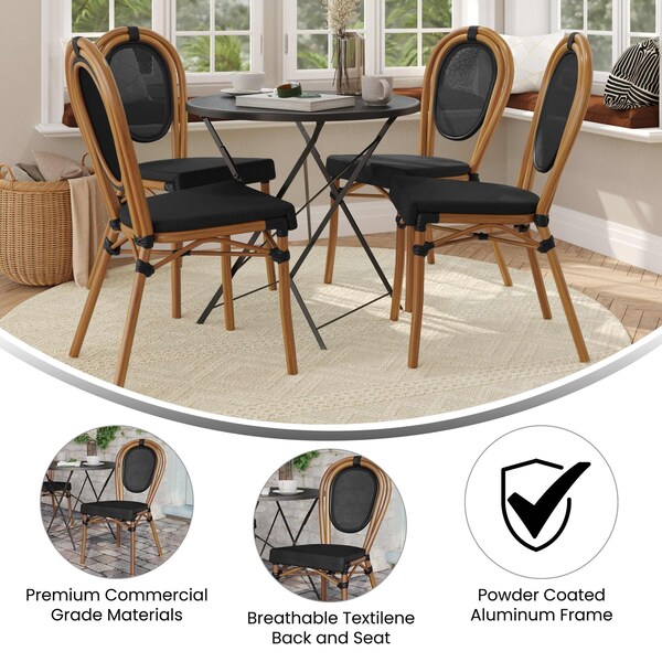 Flash Furniture Marseille Thonet French Bistro Stacking Chair, Black Textilene and Bamboo Print Aluminum Frame, 4PK - 4-SDA-AD642002S-TXT-BK-NAT-GG