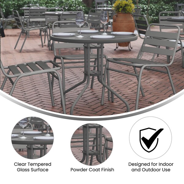 Flash Furniture Lila 31.5in Round Glass Top Metal Table with 4 Silver Aluminum Slat Stack Chairs - TLH-072RD-017CSV4-GG