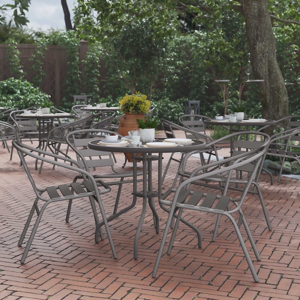 Flash Furniture Lila 31.5in Round Glass Top Metal Table with 4 Silver Aluminum Slat Stack Chairs - TLH-072RD-017CSV4-GG