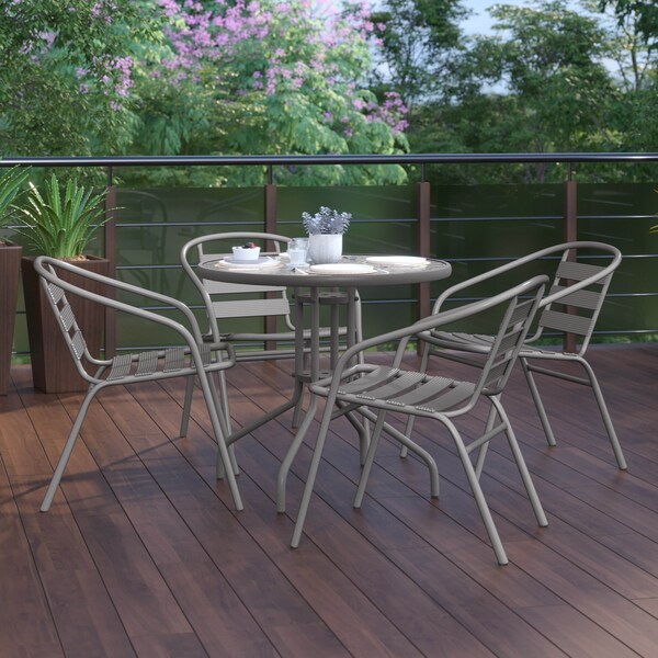 Flash Furniture Lila 31.5in Round Glass Top Metal Table with 4 Silver Aluminum Slat Stack Chairs - TLH-072RD-017CSV4-GG
