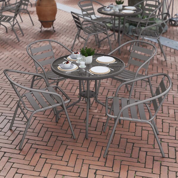 Flash Furniture Lila 31.5in Round Glass Top Metal Table with 4 Silver Aluminum Slat Stack Chairs - TLH-072RD-017CSV4-GG