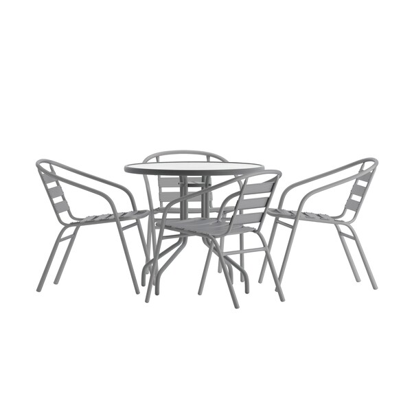 Flash Furniture Lila 31.5in Round Glass Top Metal Table with 4 Silver Aluminum Slat Stack Chairs - TLH-072RD-017CSV4-GG