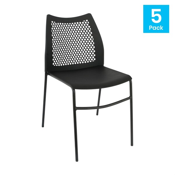 Flash Furniture HERCULES Blk Stack Chair with Air-Vent Back, Non-Sled Base and Blk Powder Coated Metal Frame, 5PK - 5-RUT-NC498-BK-GG