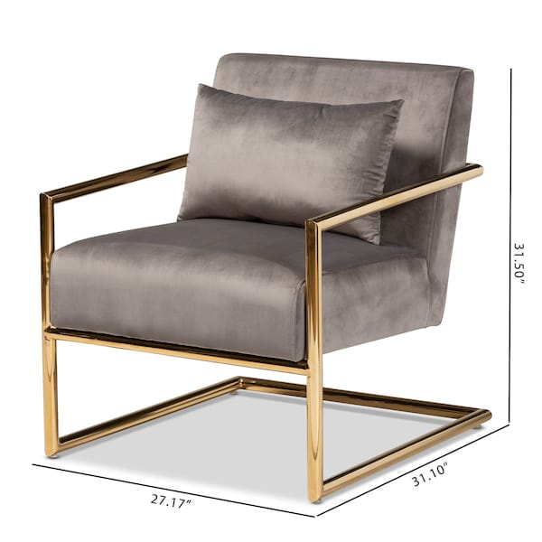 Baxton Studio Mira Grey Velvet Upholstered Gold Finished Metal Lounge Chair - 160-9927