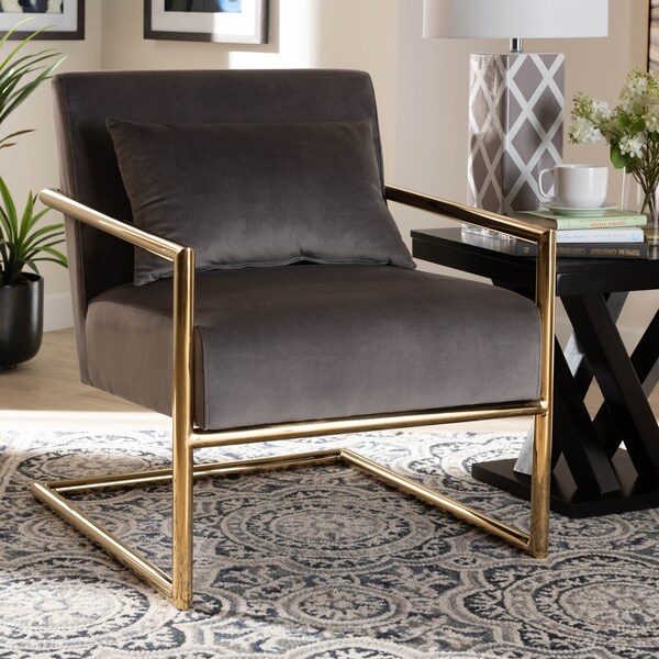 Baxton Studio Mira Grey Velvet Upholstered Gold Finished Metal Lounge Chair - 160-9927