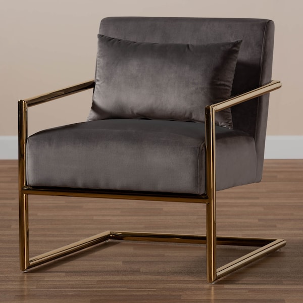 Baxton Studio Mira Grey Velvet Upholstered Gold Finished Metal Lounge Chair - 160-9927
