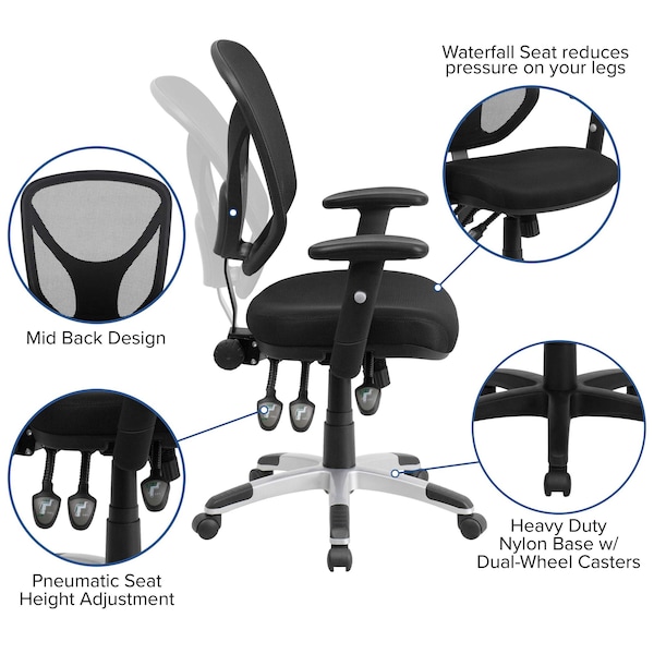 Flash Furniture Mesh Contemporary Chair, 17" to 20-3/4", Adjustable Arms, Black - GO-WY-89-GG