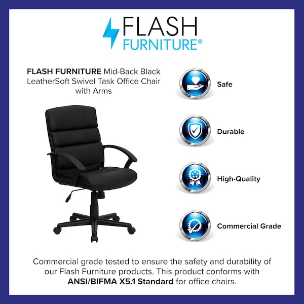 Flash Furniture Leather Task Chair, 17-1/2" to 21-1/2", Black - GO-1004-BK-LEA-GG