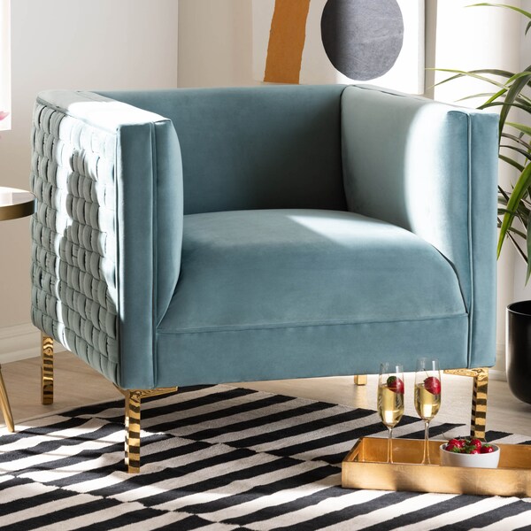 Baxton Studio Seraphin Light Blue Velvet Upholstered Gold Finished Armchair - 157-9795