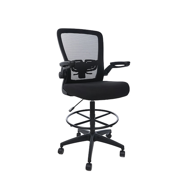 Boss Office Products Deluxe Drafting Chair, Black Frame, Black Mesh and Fabric with Flip Arms - B16366BK-BK