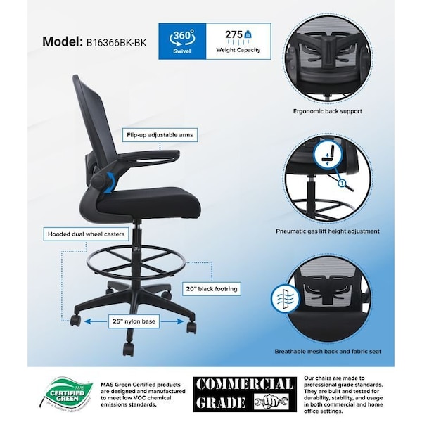 Boss Office Products Deluxe Drafting Chair, Black Frame, Black Mesh and Fabric with Flip Arms - B16366BK-BK