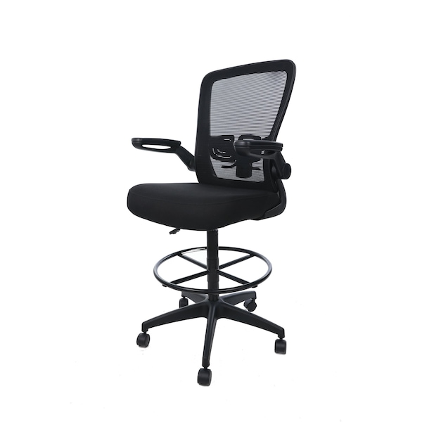 Boss Office Products Deluxe Drafting Chair, Black Frame, Black Mesh and Fabric with Flip Arms - B16366BK-BK