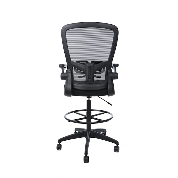 Boss Office Products Deluxe Drafting Chair, Black Frame, Black Mesh and Fabric with Flip Arms - B16366BK-BK